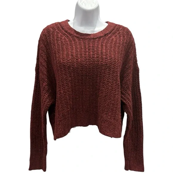 American Eagle Rust Red Chunky Knit‎ Cropped Sweater Women's Size S Long  Sleeve